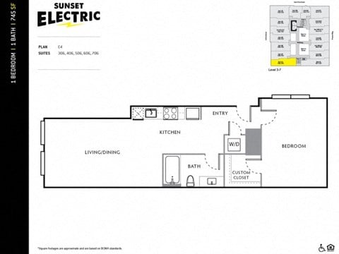 Floor plan for 1 bed, 1 bath, 745 sqft
